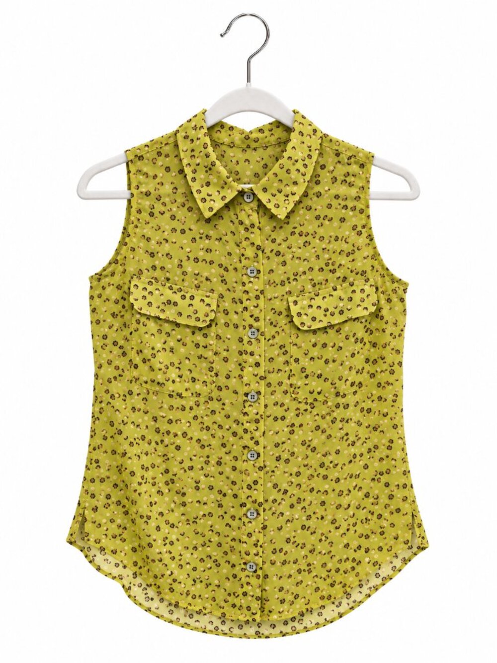 CAbi Viola Yellow Sleeveless Button-Front Black Floral Daisy Print Tank